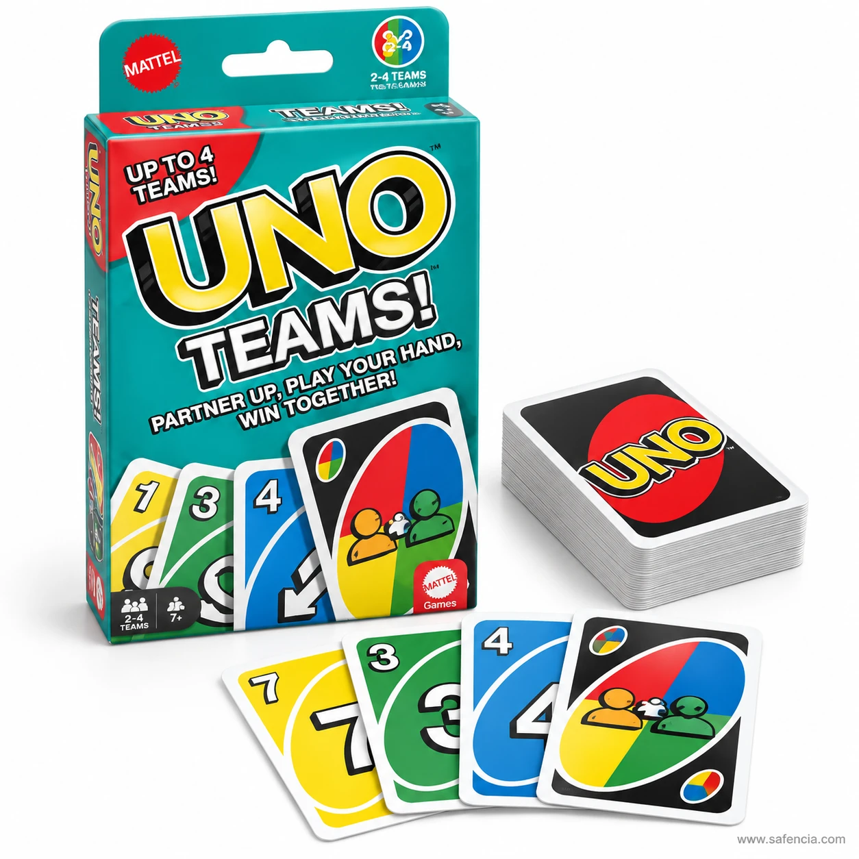 UNO Teams card game box beside the deck with yellow, green and blue numbered cards and team wild card