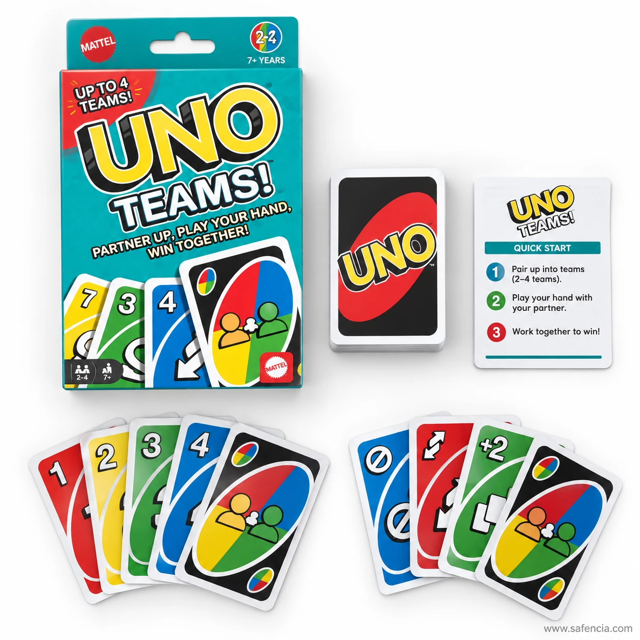 UNO Teams quick start card reading pair up into teams, play your hand with your partner, work together to win
