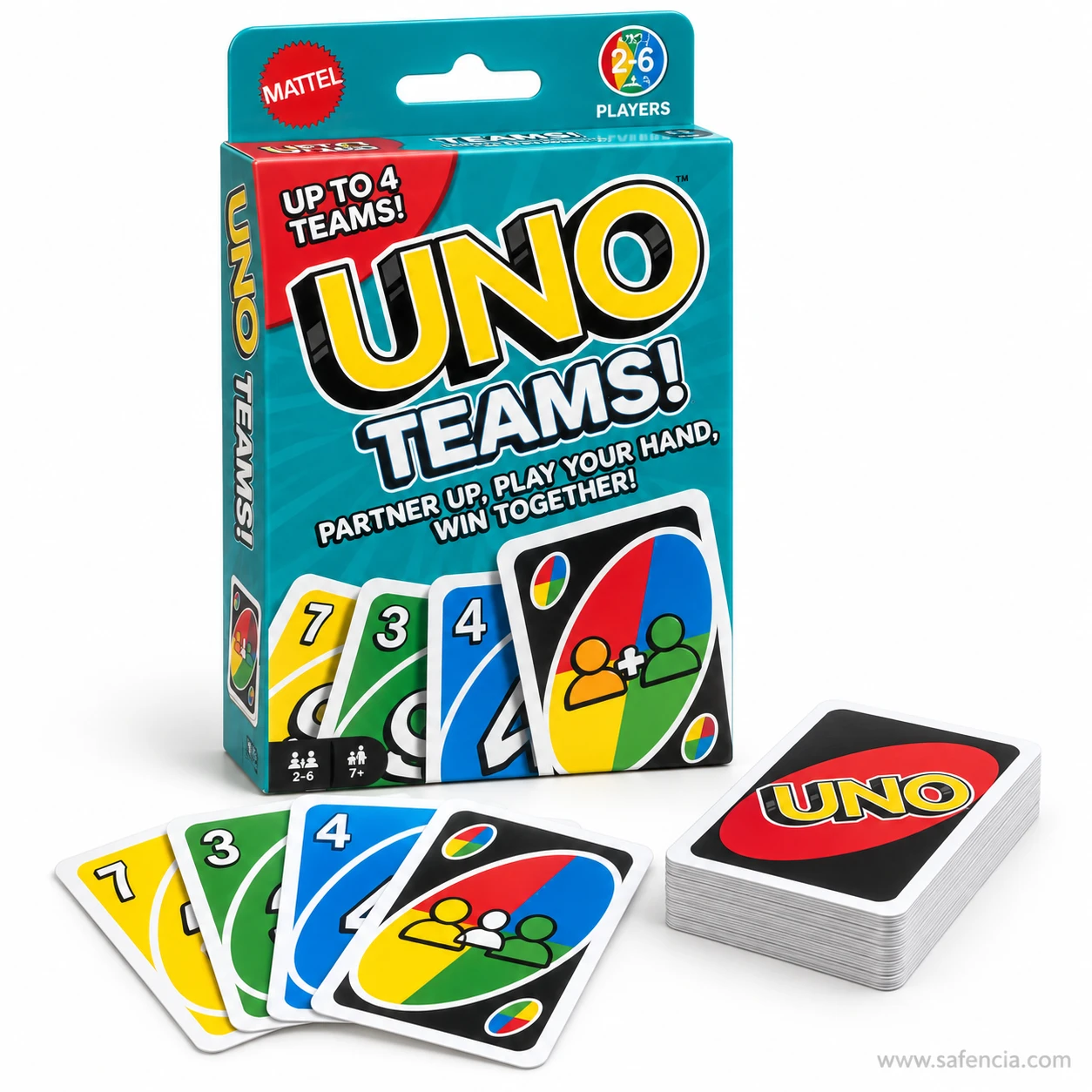 UNO Teams box printed Up to 4 teams with the deck and a row of numbered cards