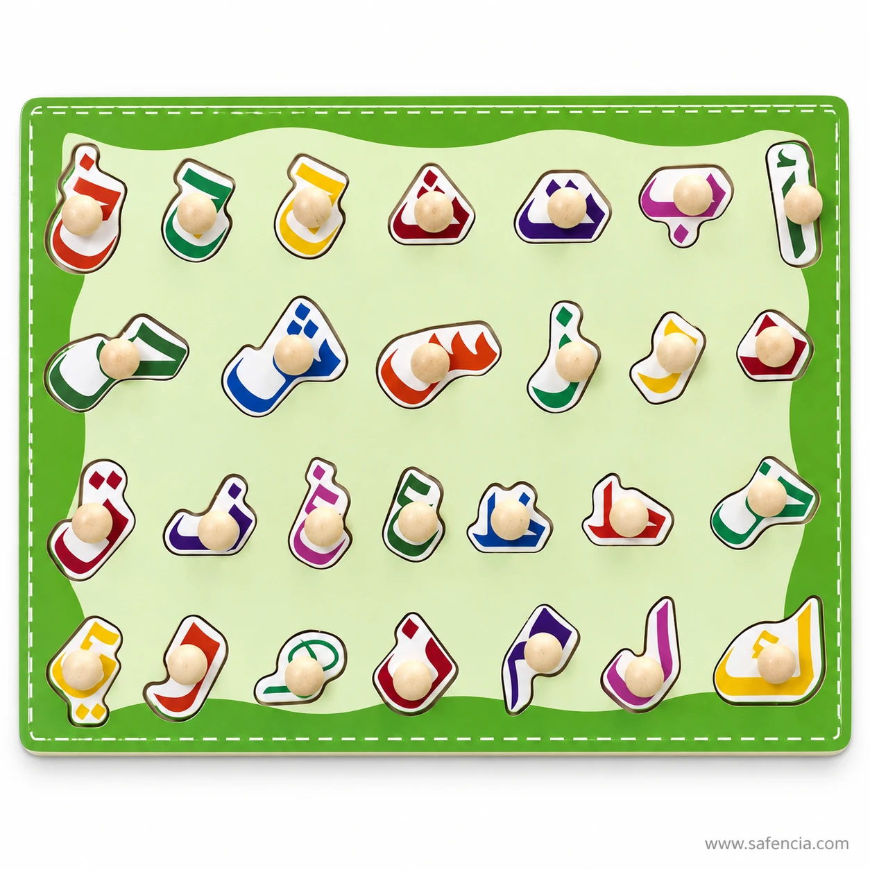 Urdu alphabet wooden peg puzzle laid flat with four rows of seven knobbed letter pieces