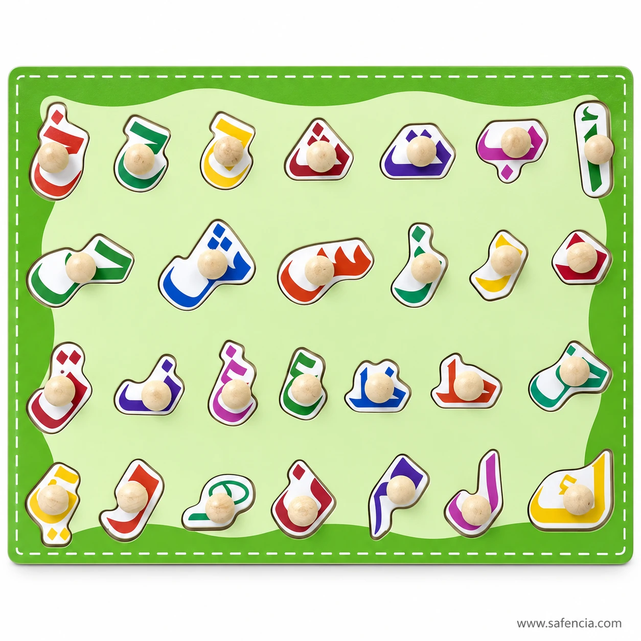 Front view of the Urdu alphabet peg board showing coloured letters printed on white shaped pieces