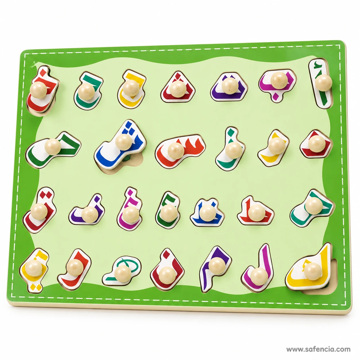 Urdu alphabet peg puzzle board seen from the side with letter pieces sitting in their shaped recesses