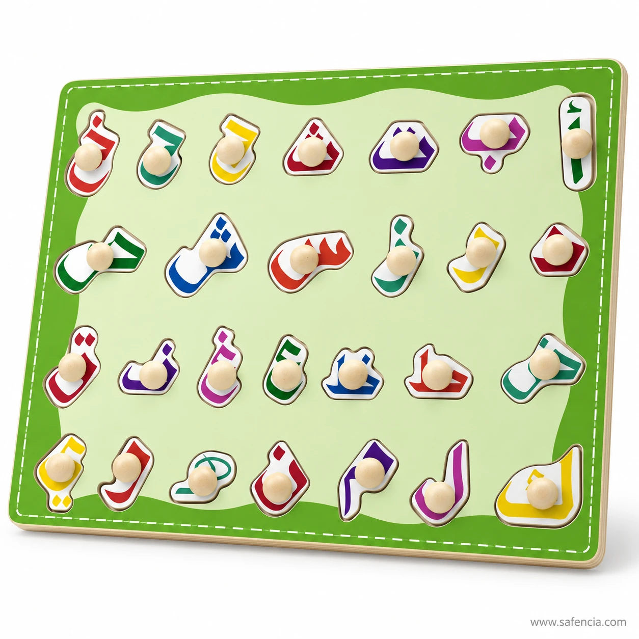 Angled view of the green Urdu alphabet wooden board showing the raised knobs on each letter piece