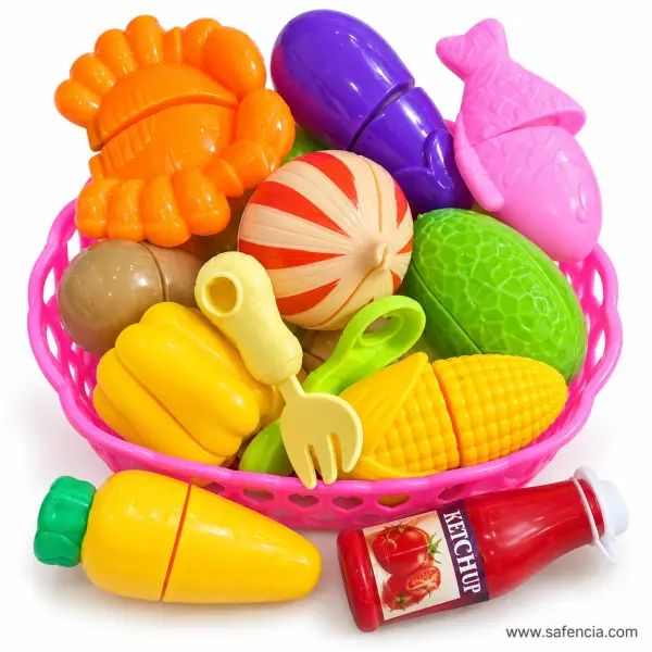 Vegetable, Fish and Crab Cutting Toy Set with Pink Basket