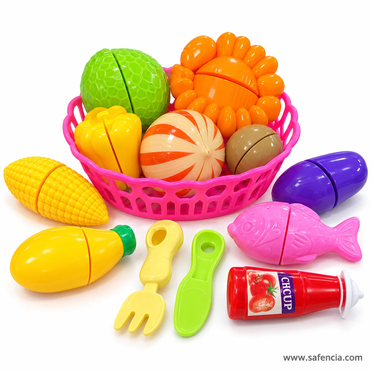 Cutting toy fish, aubergine, corn and carrot placed around the pink basket of crab, onion and capsicum