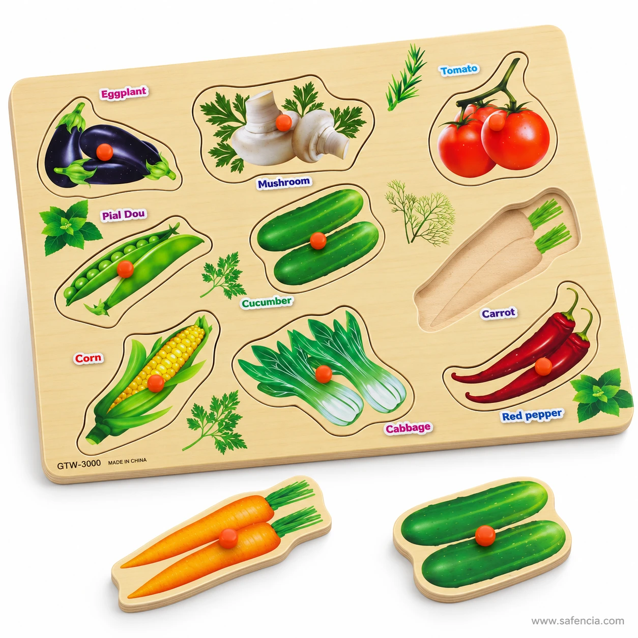 Angled vegetable peg puzzle board with the carrot and cucumber knob pieces lying in front