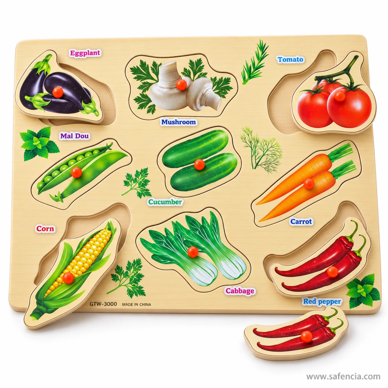 Vegetable peg puzzle board at an angle with the corn and red pepper pieces lifted from the board