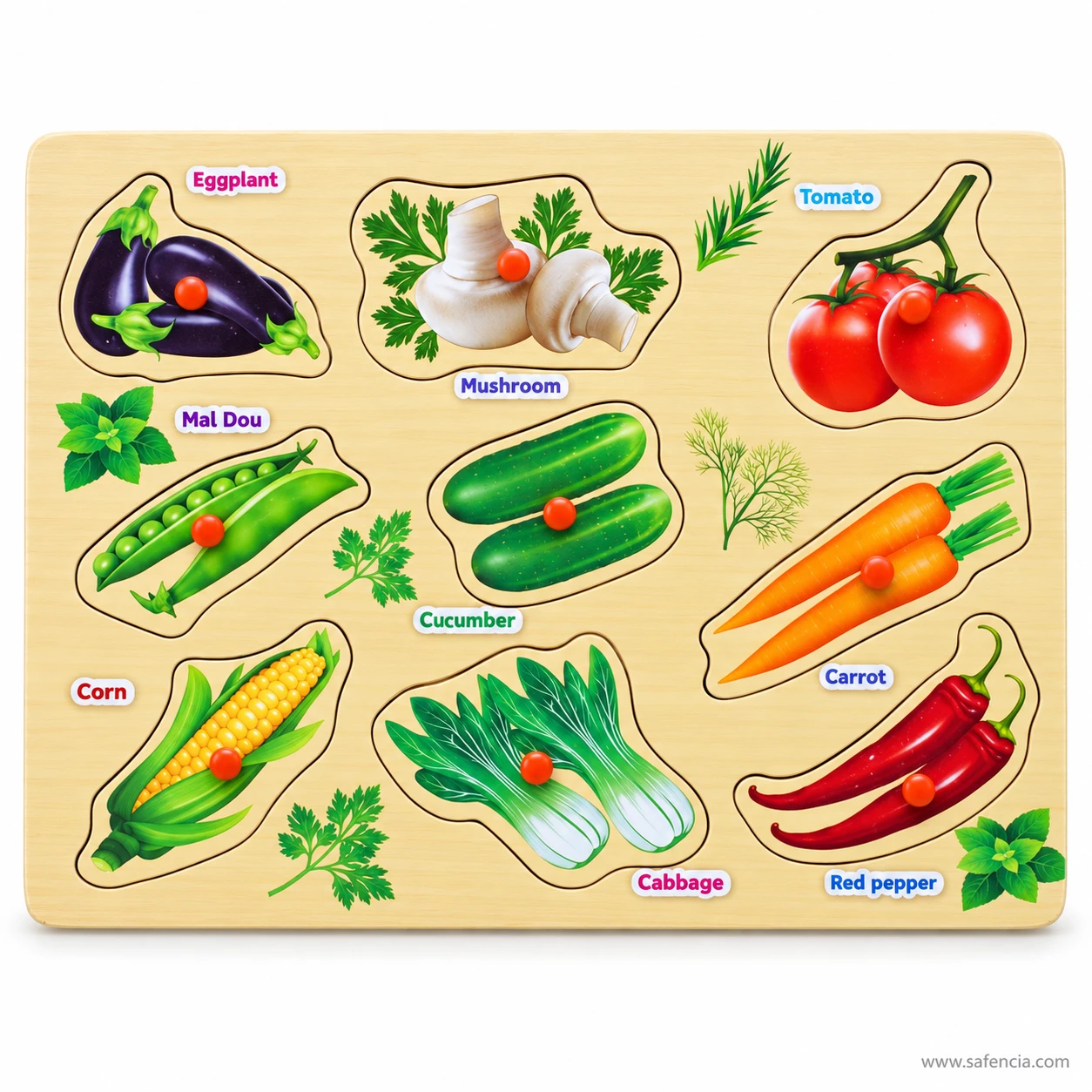 Front view of the vegetable wooden peg puzzle with realistic pictures of nine everyday vegetables