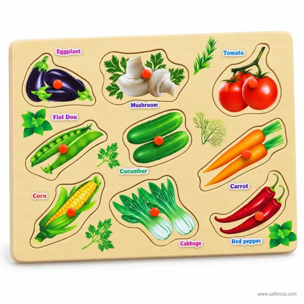 Vegetable Wooden Peg Puzzle Board (9 Named Vegetables with Knobs)