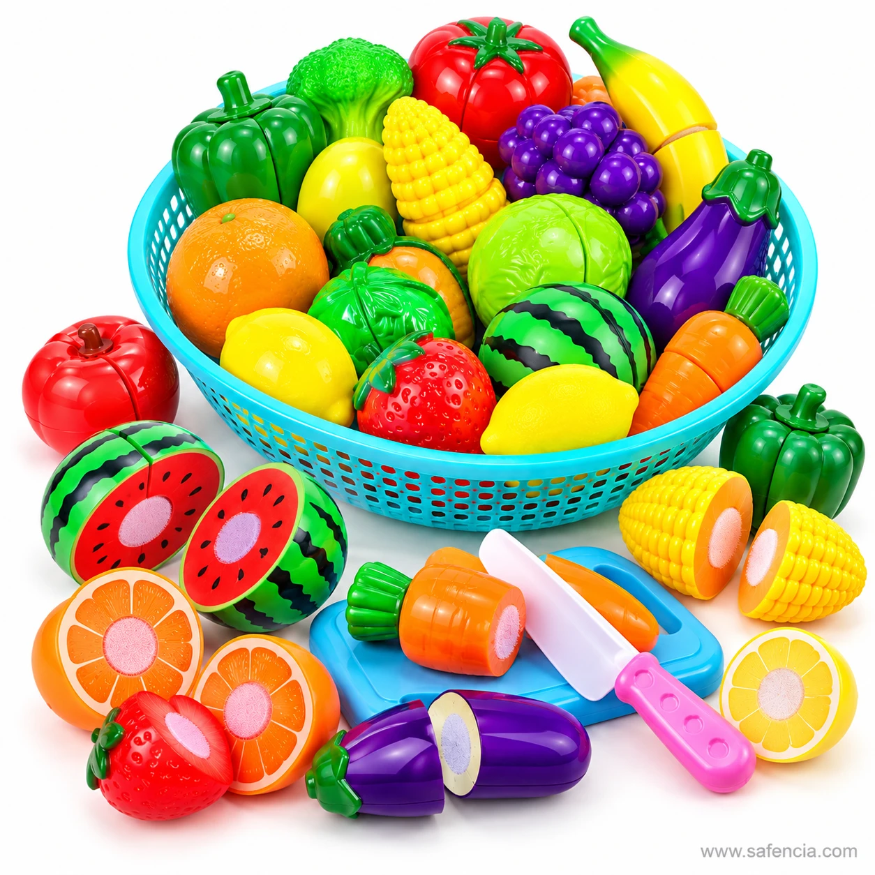 Blue basket heaped with banana, grapes, cabbage, aubergine and strawberry from the velcro cutting toy set