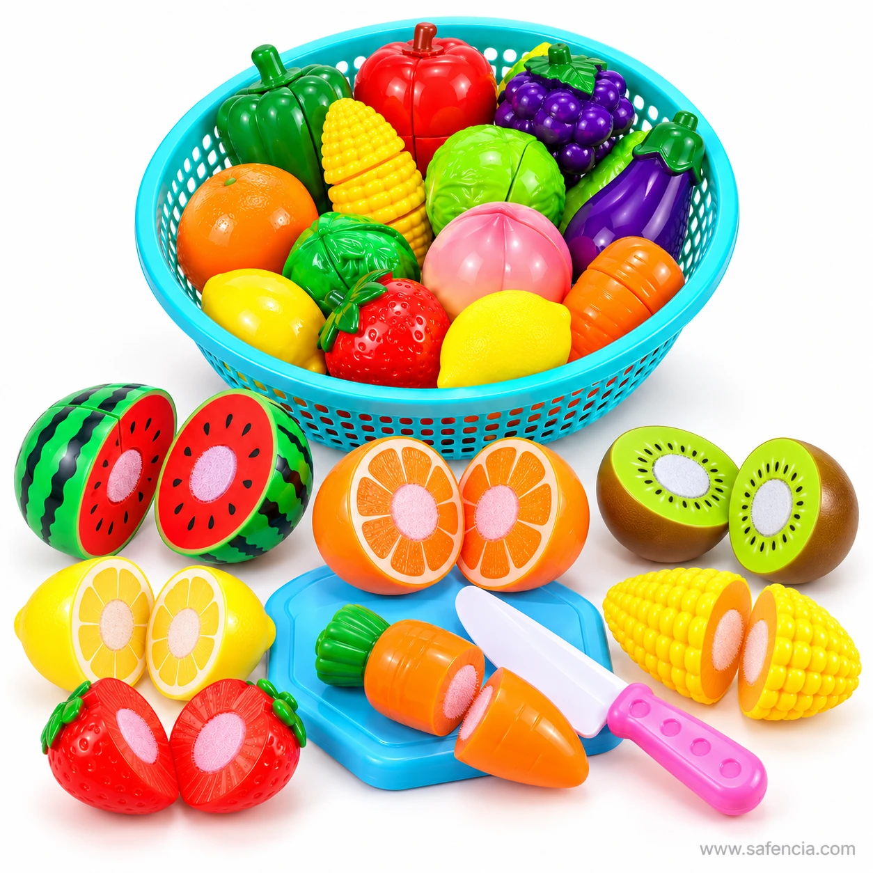 Lemon, orange, kiwi and strawberry halves showing their printed insides from the velcro fruit cutting set