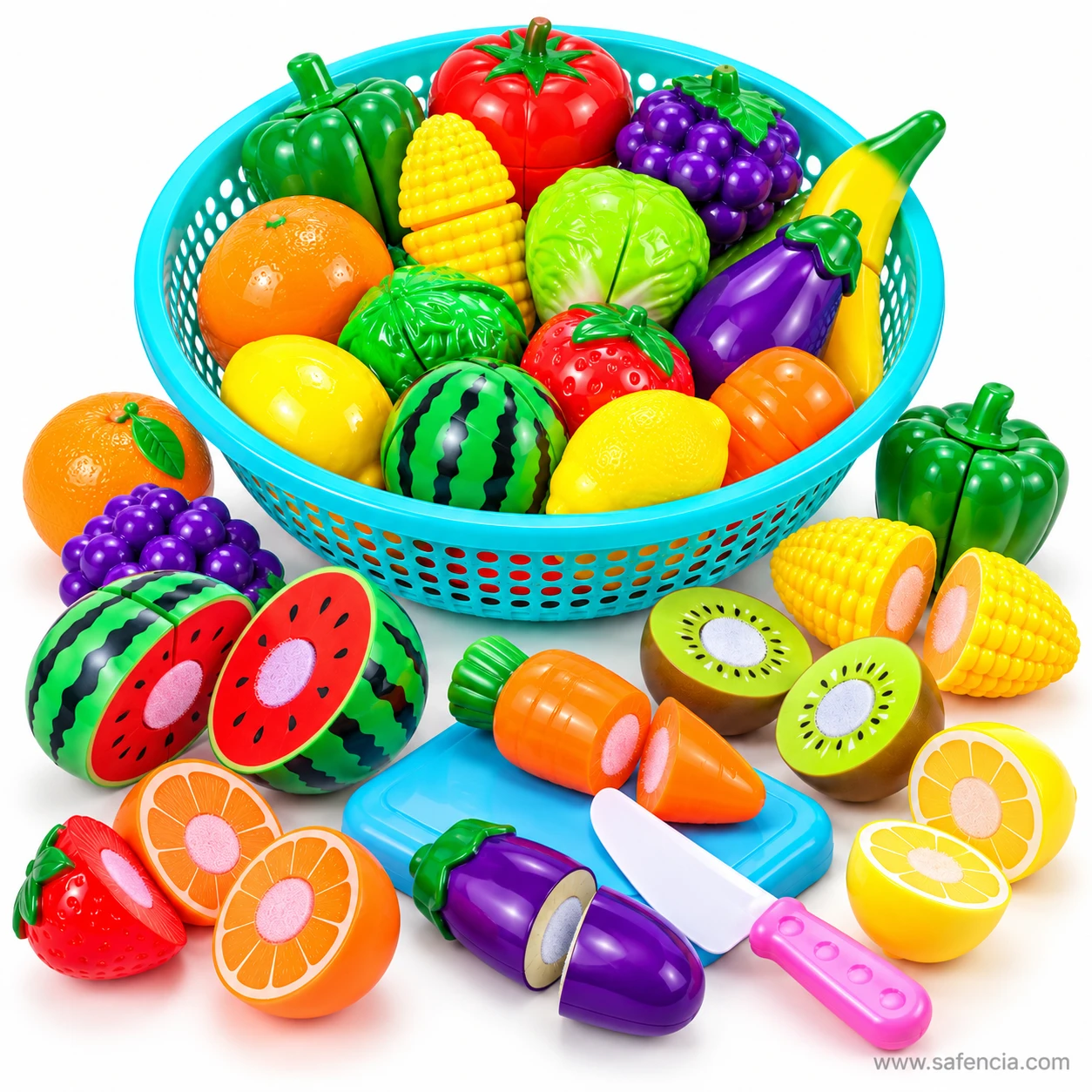 Watermelon halves, aubergine, kiwi and carrot from the velcro fruit and vegetable cutting set beside the basket
