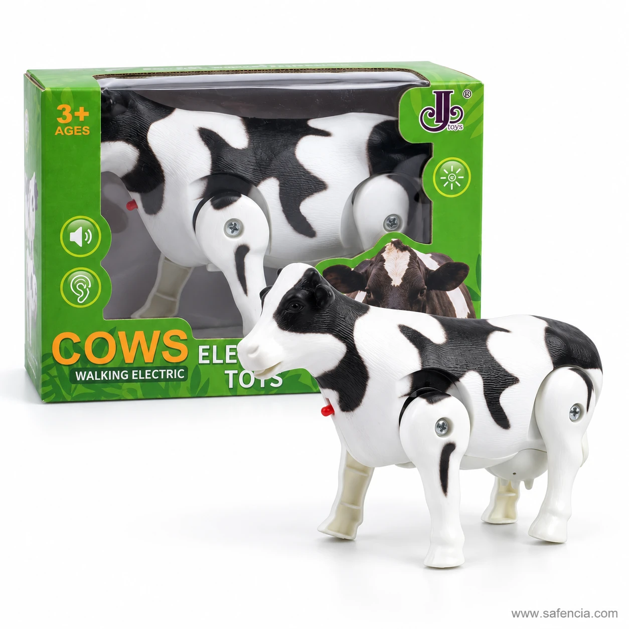 Close view of the walking cow toy's face and red chest knob in front of the green box showing sound and light icons