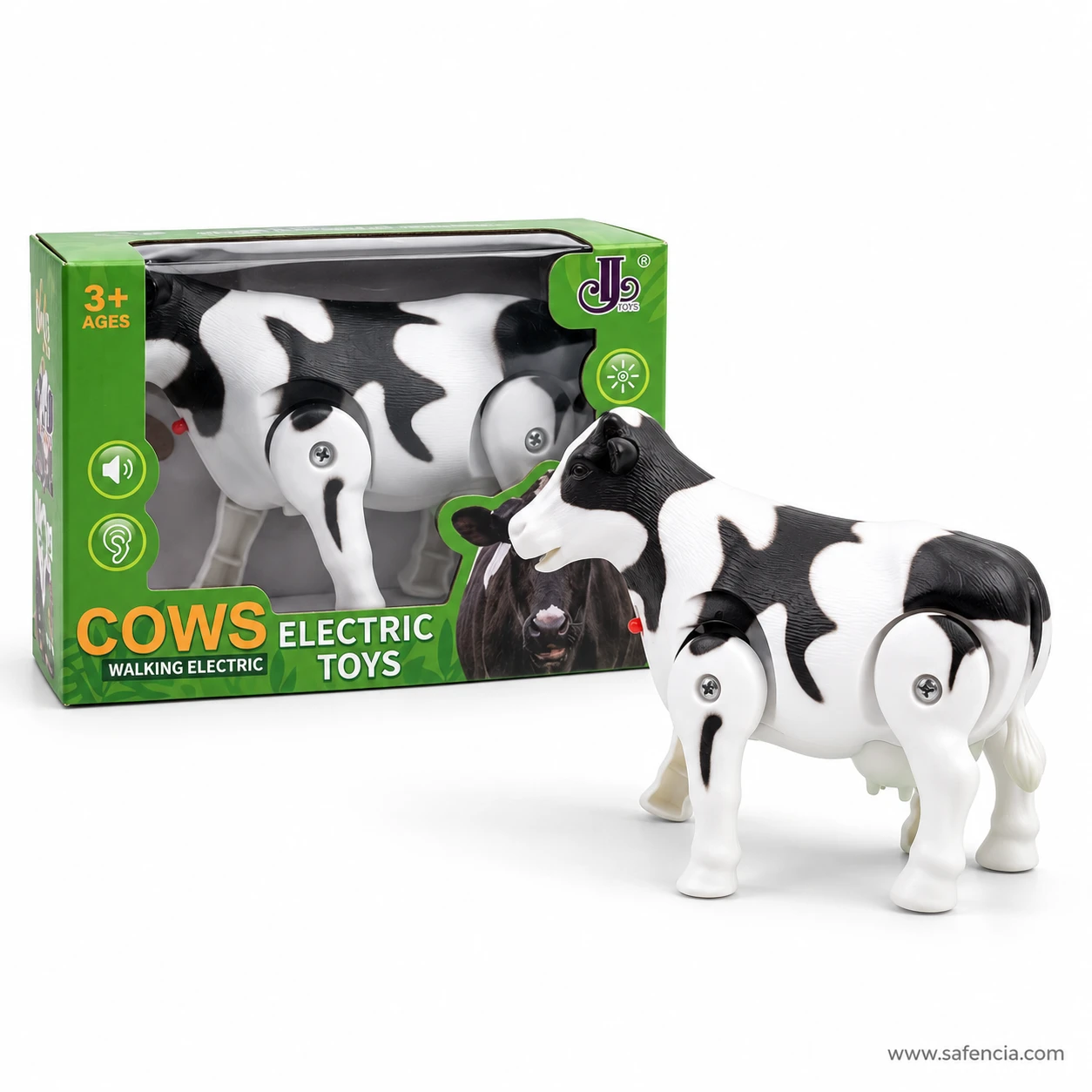 Walking cow toy from the side showing the screw caps at its leg joints and the udder under its belly