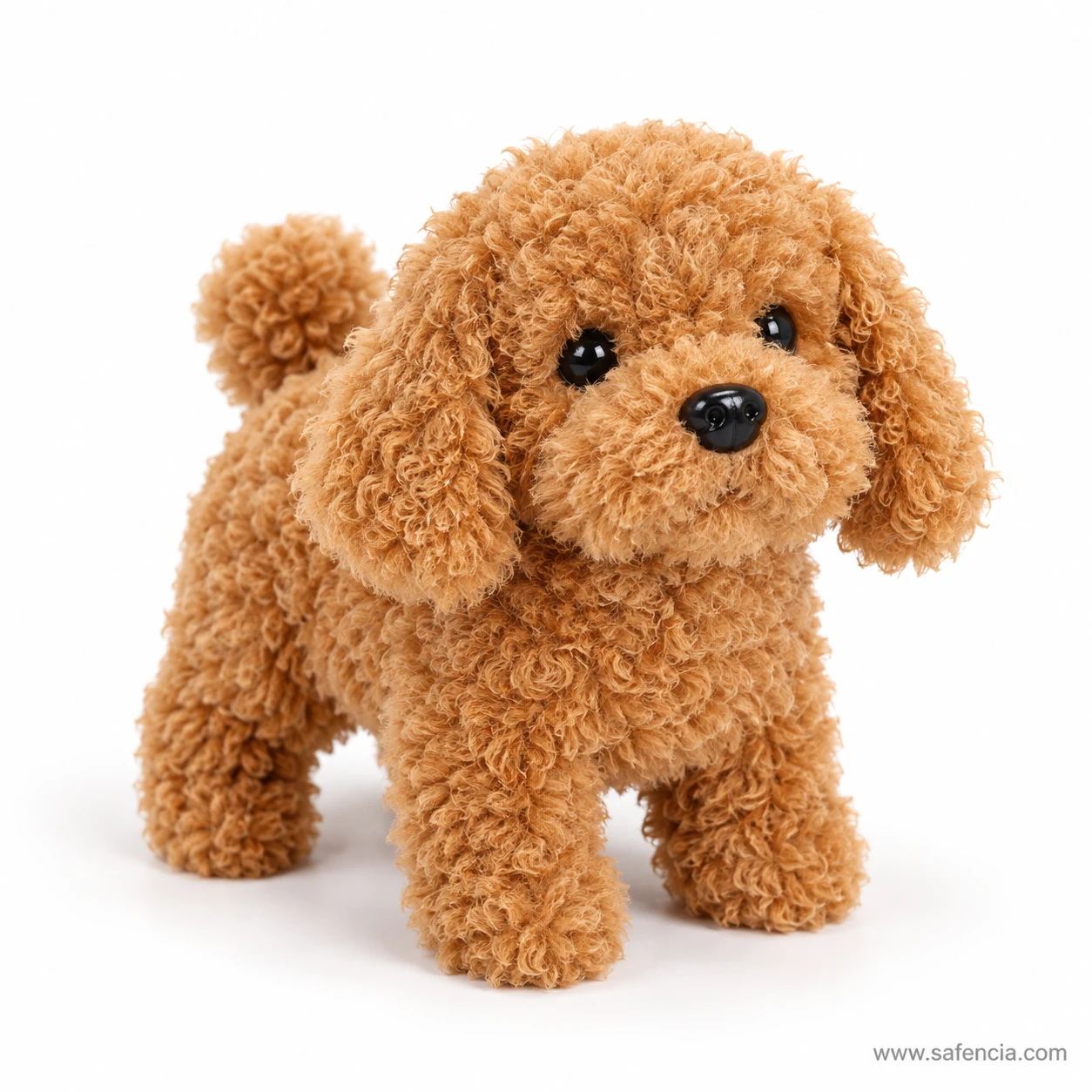 Caramel curly poodle walking plush puppy toy standing on four legs