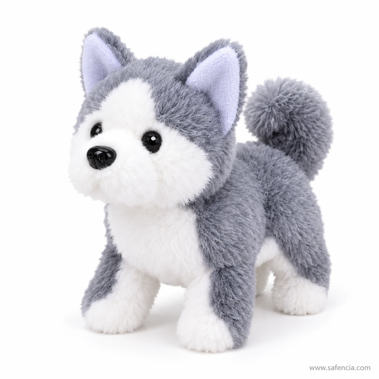 Grey and white husky walking plush puppy toy with pointed ears and fluffy tail