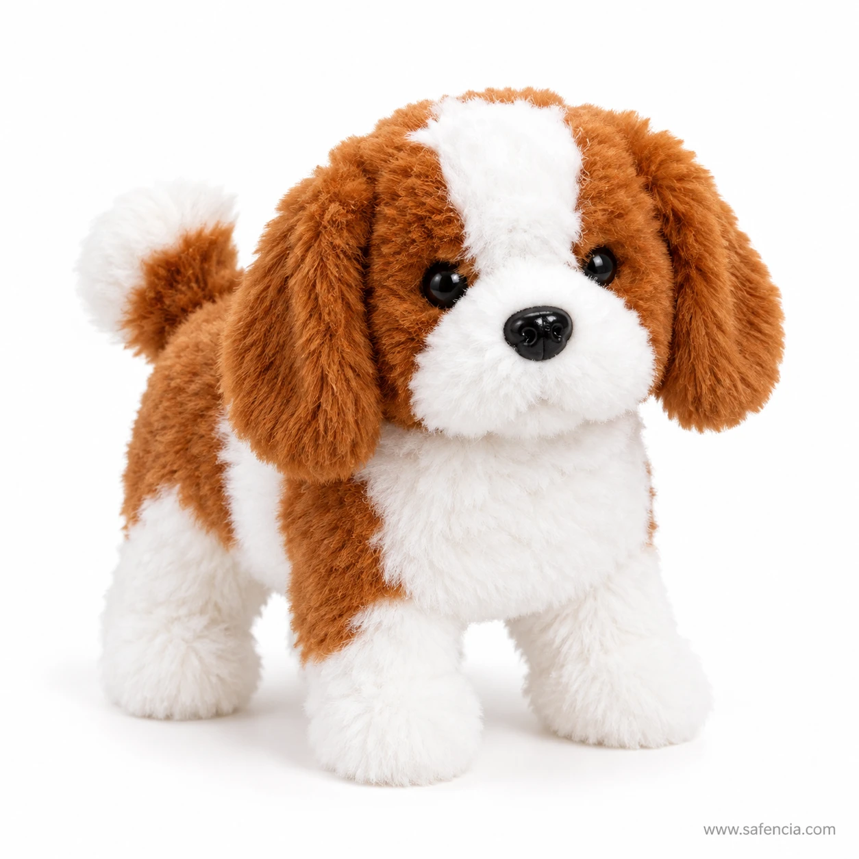 Brown and white spaniel walking plush puppy toy with long floppy ears
