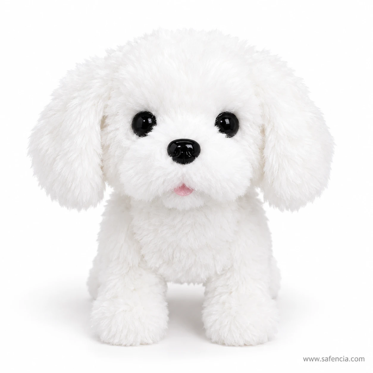 White fluffy bichon walking plush puppy toy with black eyes and pink tongue