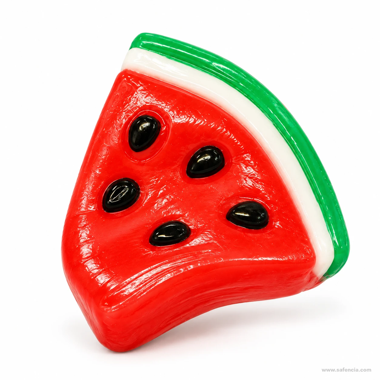 Angled view of the watermelon slice squishy showing the thickness of the slice and its rind