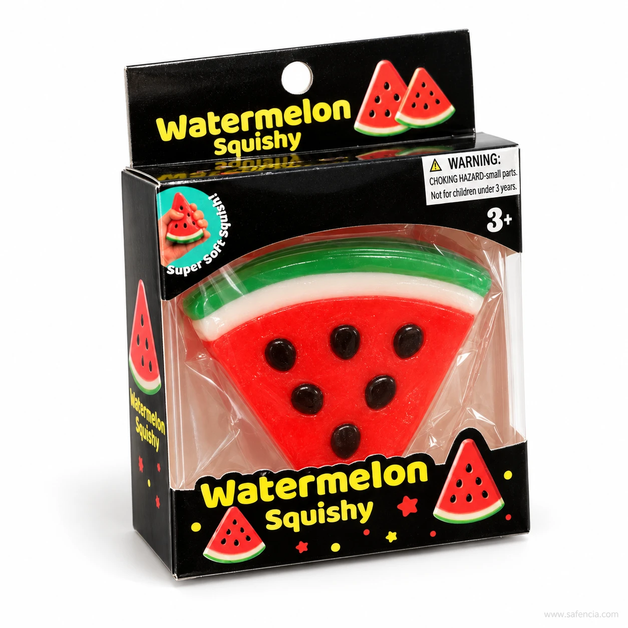 Angled view of the boxed watermelon slice squishy showing the small-parts warning on the box
