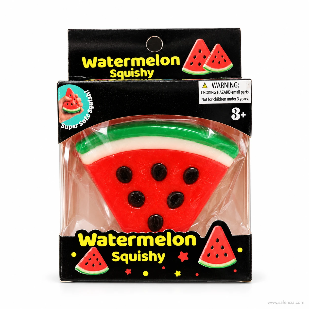 Front of the Watermelon Squishy box with the slice visible through the clear window