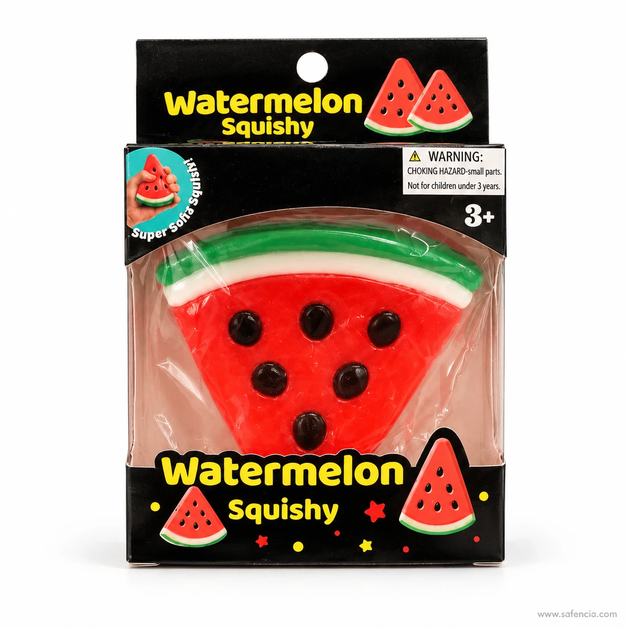 Watermelon slice squishy inside a black Watermelon Squishy window box with a 3+ age mark