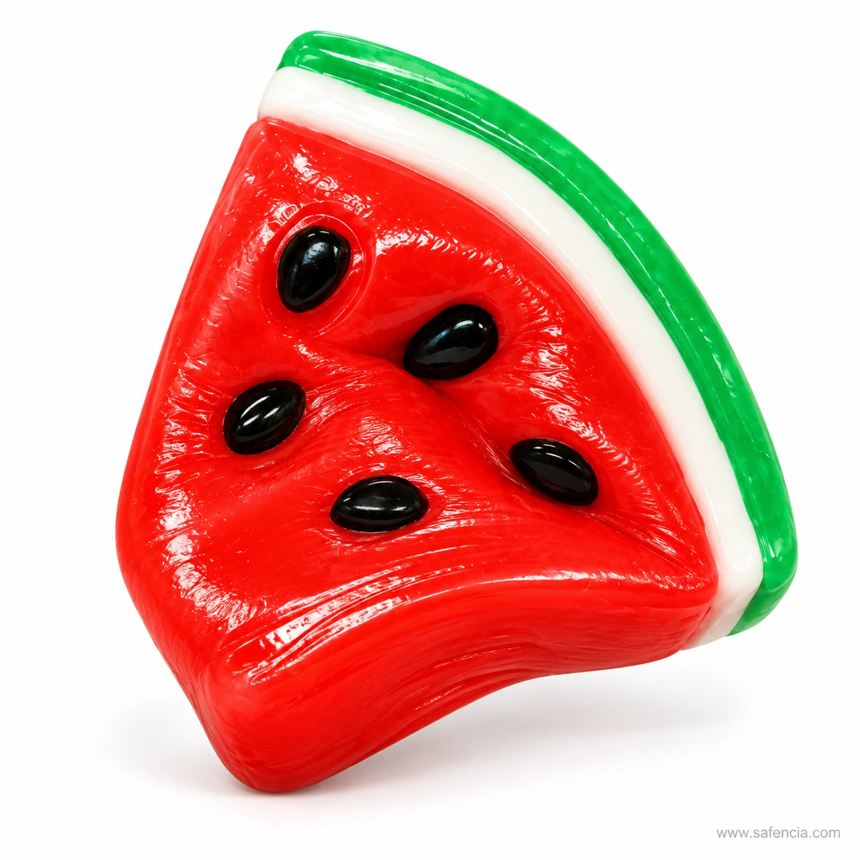 Watermelon slice squishy with its red face pressed in, showing the doughy dent around the seeds