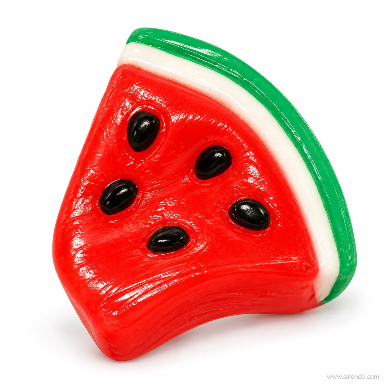 Watermelon slice squishy tilted to show the green rind and white band along its curved edge