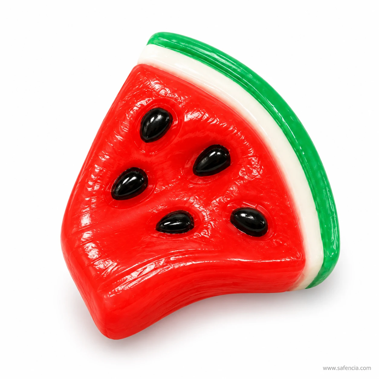 Close view of the raised glossy black seeds on the red flesh of the watermelon slice squishy