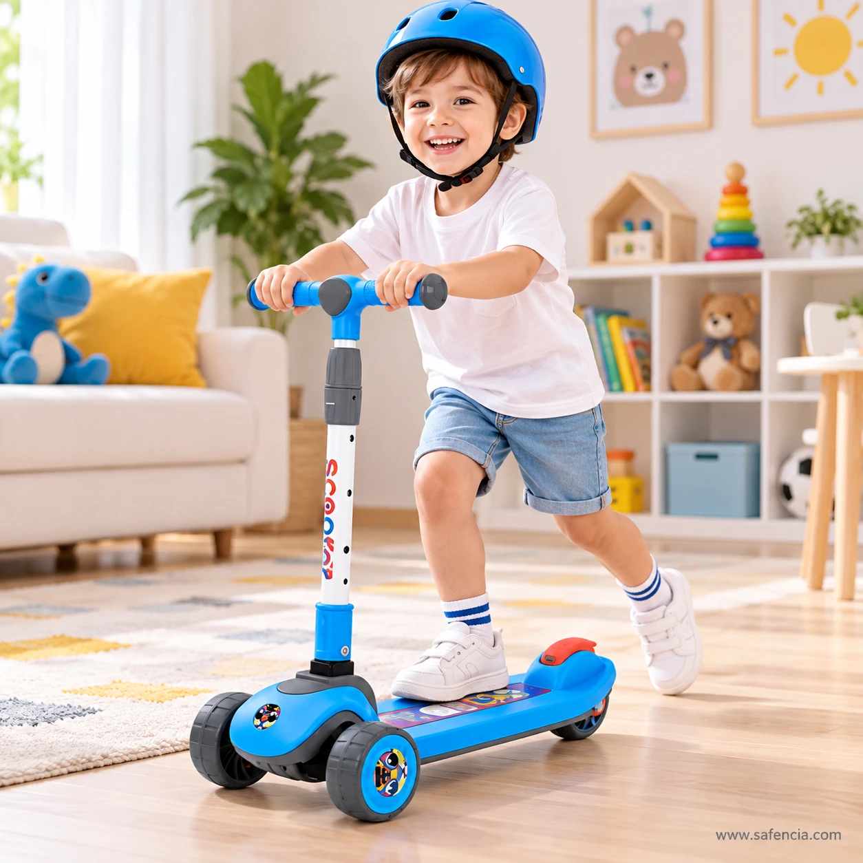 Boy wearing a helmet riding the blue wide wheel kids scooty indoors