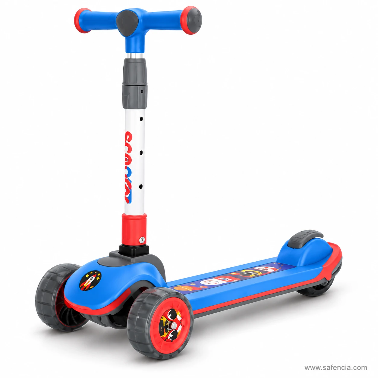Blue wide wheel kids scooty with red accents and a space-print deck