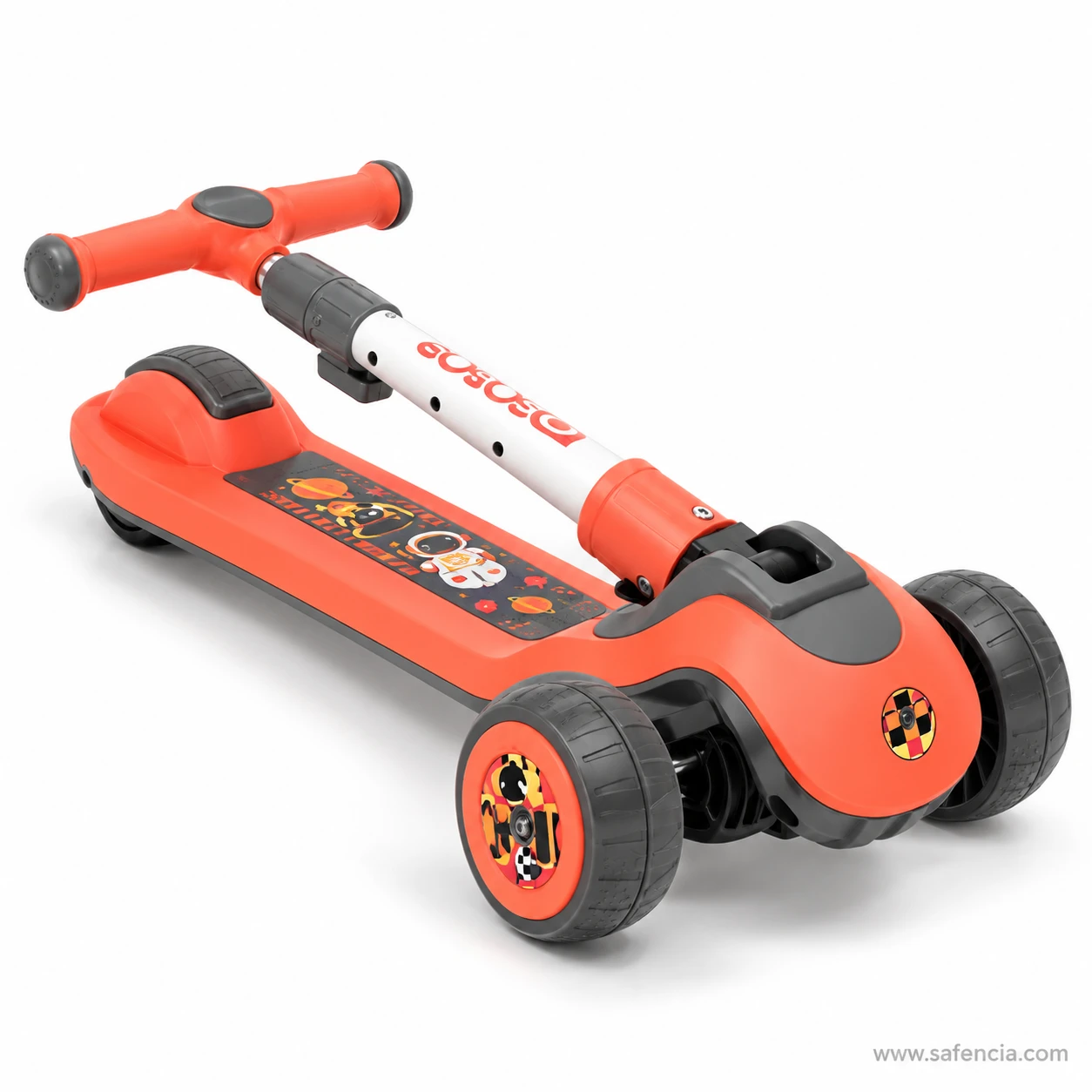 Coral wide wheel kids scooty folded with the handlebar lying over the deck