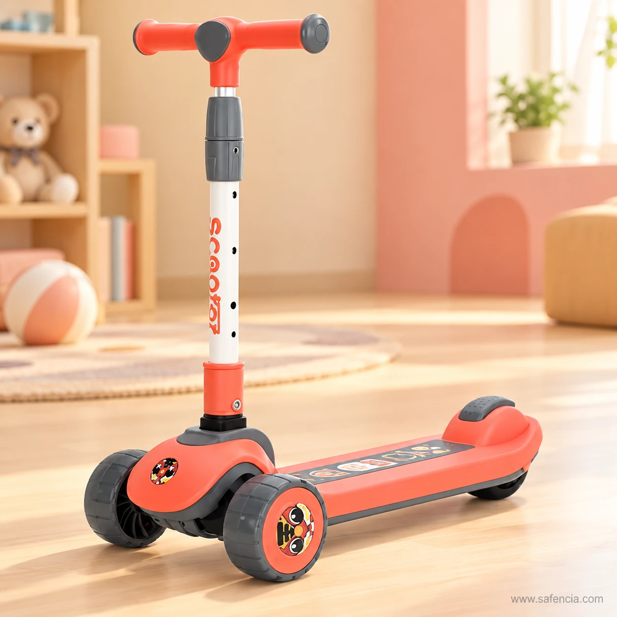 Coral wide wheel kids scooty standing in a warm playroom beside a basket of toys