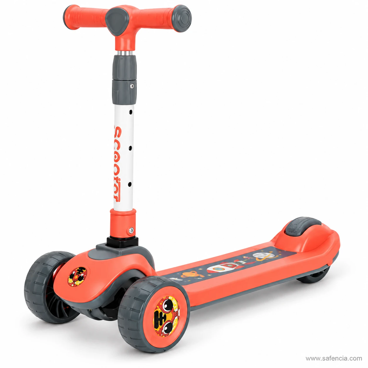 Front view of the orange wide wheel kids scooty showing how broad the front wheels are