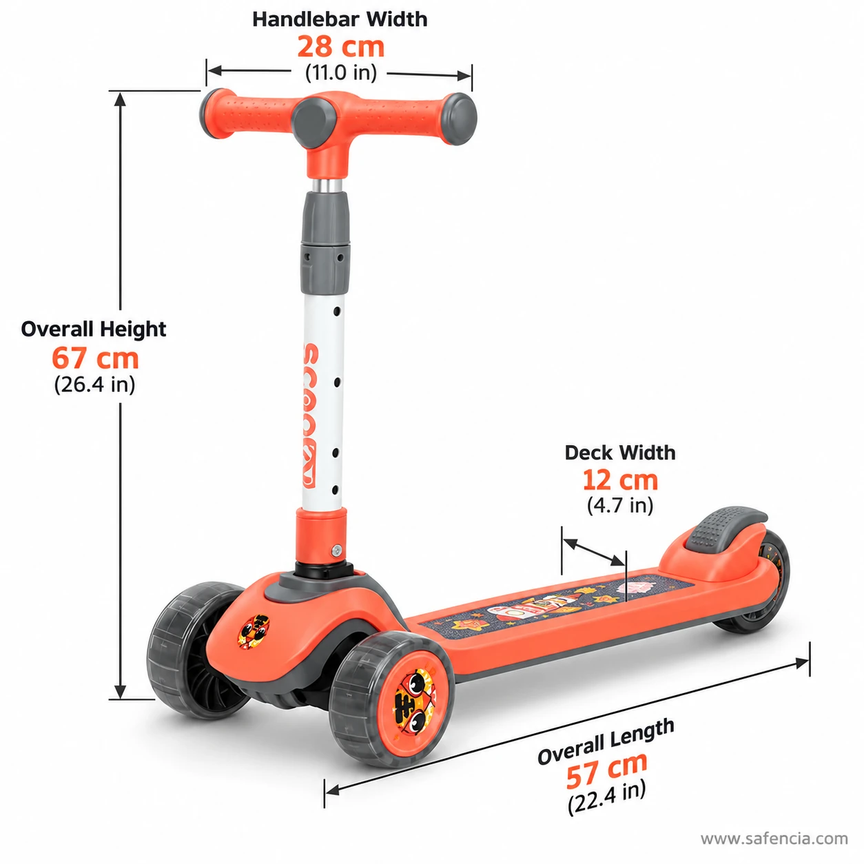 Size chart of the wide wheel kids scooty: 67 cm height, 28 cm handlebar, 12 cm deck, 57 cm length