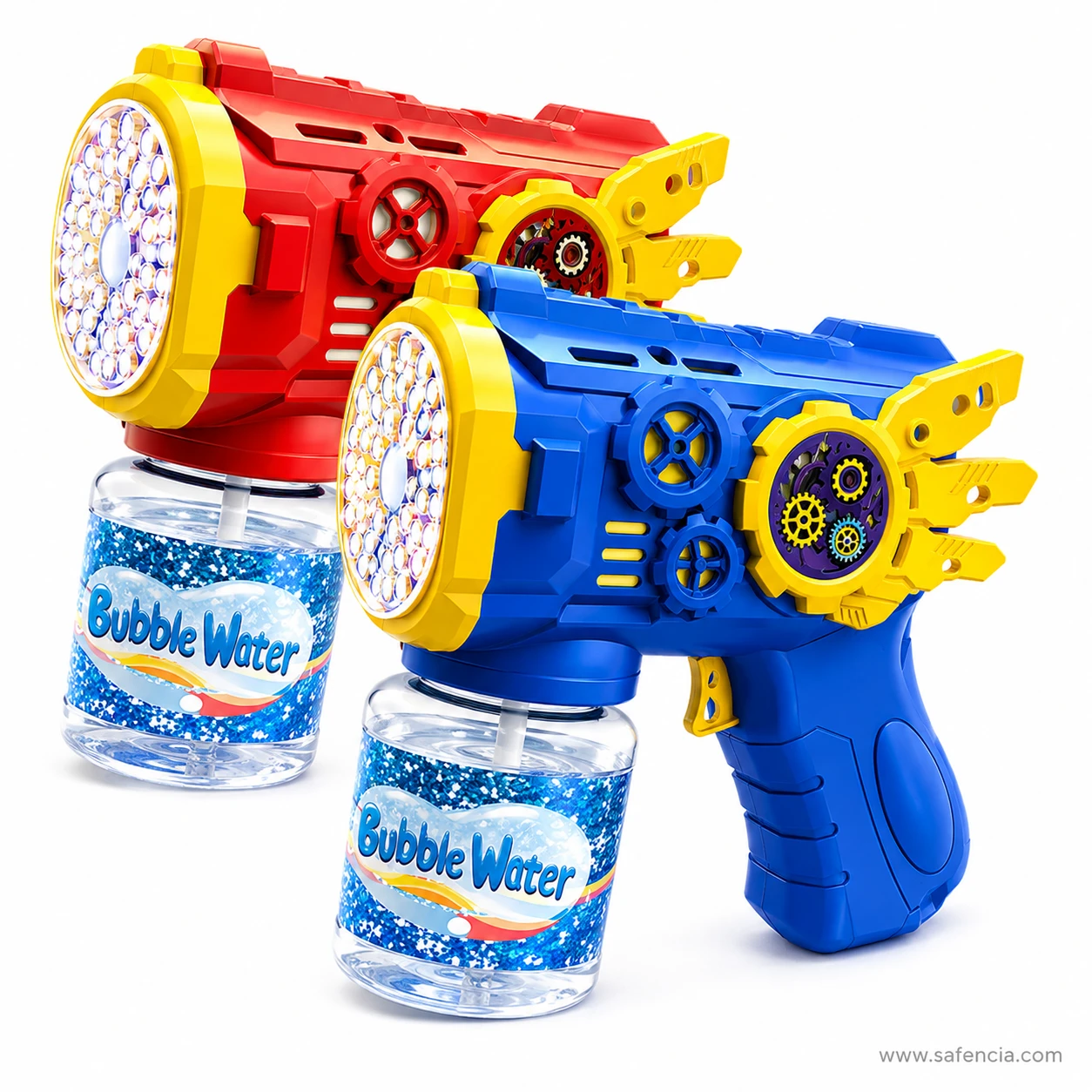 Red and blue Wing Bubble Guns side by side showing both colour finishes of the same model