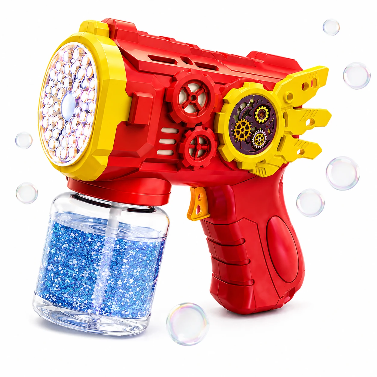 Red Wing Bubble Gun with yellow wing fins, gear window and the bubble water tub fitted below the barrel