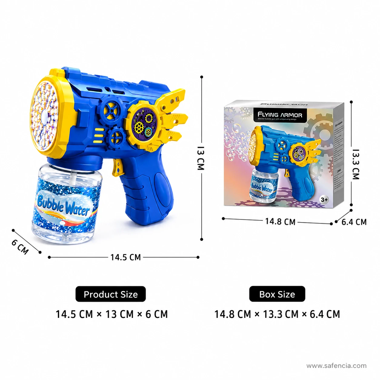 Wing Bubble Gun size guide showing the toy at 14.5 by 13 by 6 cm beside its printed retail box