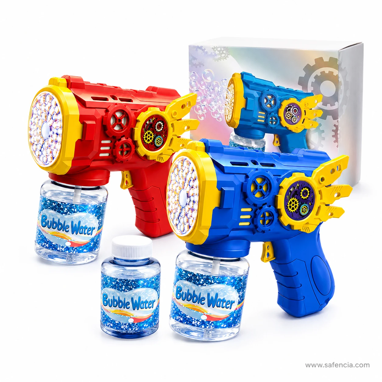 Red and blue Wing Bubble Guns photographed in front of the printed retail box with a bubble water tub alongside