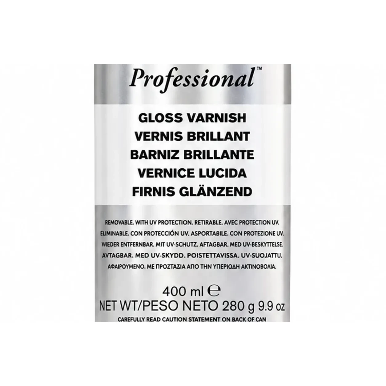 Close view of the gloss varnish label reading removable with UV protection