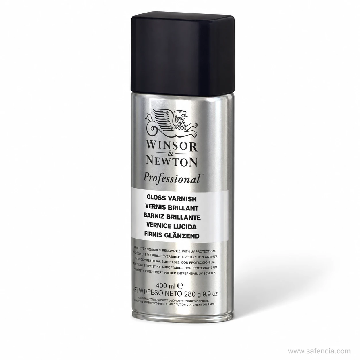 Angled view of the Winsor & Newton gloss varnish spray can and black cap