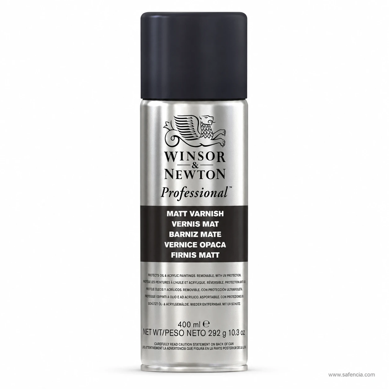 Front of the 400 ml Winsor & Newton matt varnish can showing the printed label