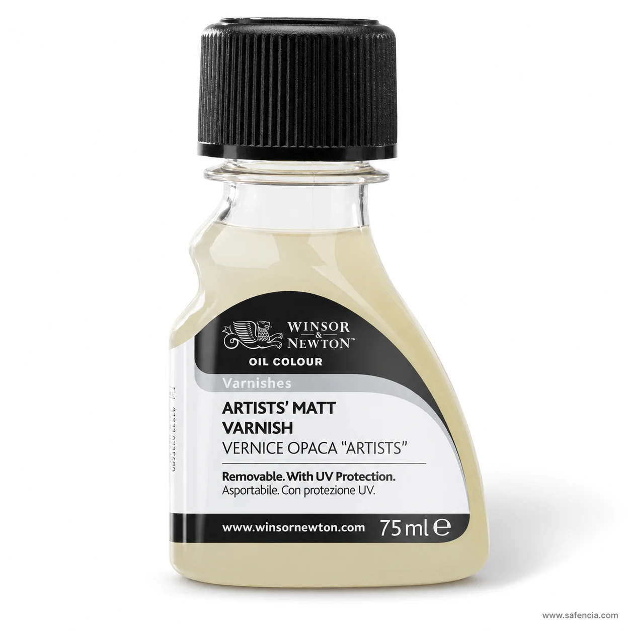 Matt varnish bottle showing the pale cream liquid inside the moulded glass