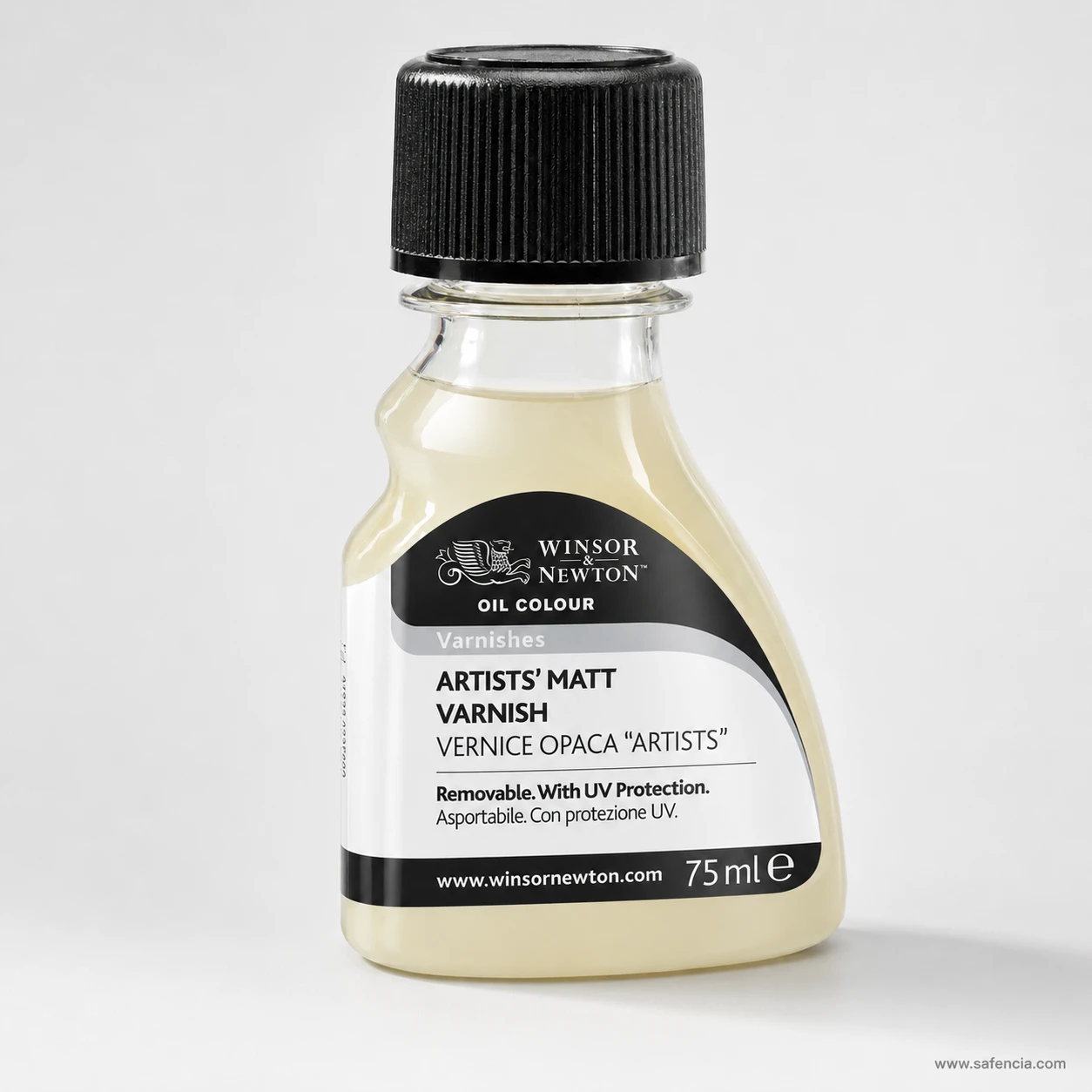 Close view of the matt varnish label reading removable with UV protection