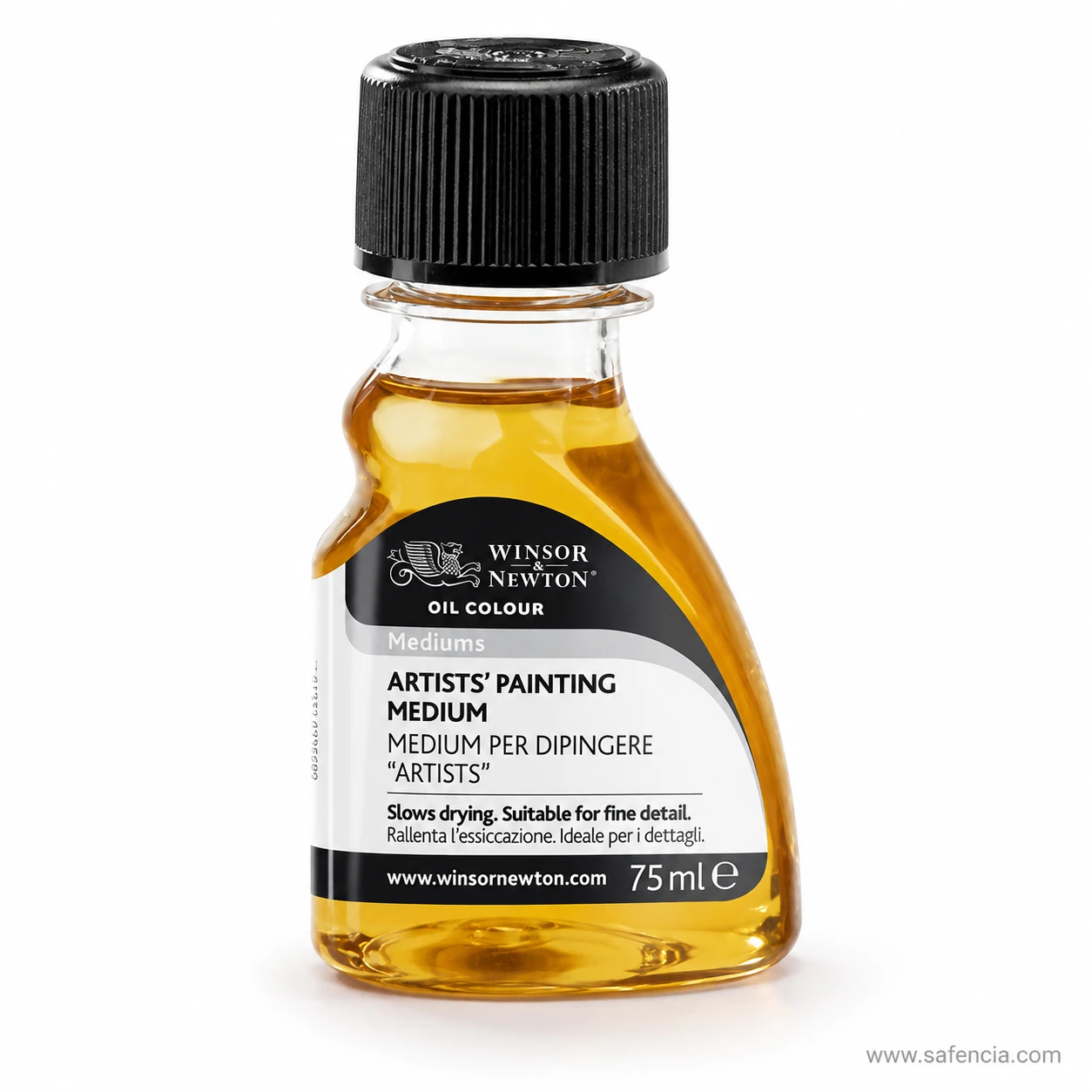 Painting medium bottle showing the transparent golden liquid inside the glass