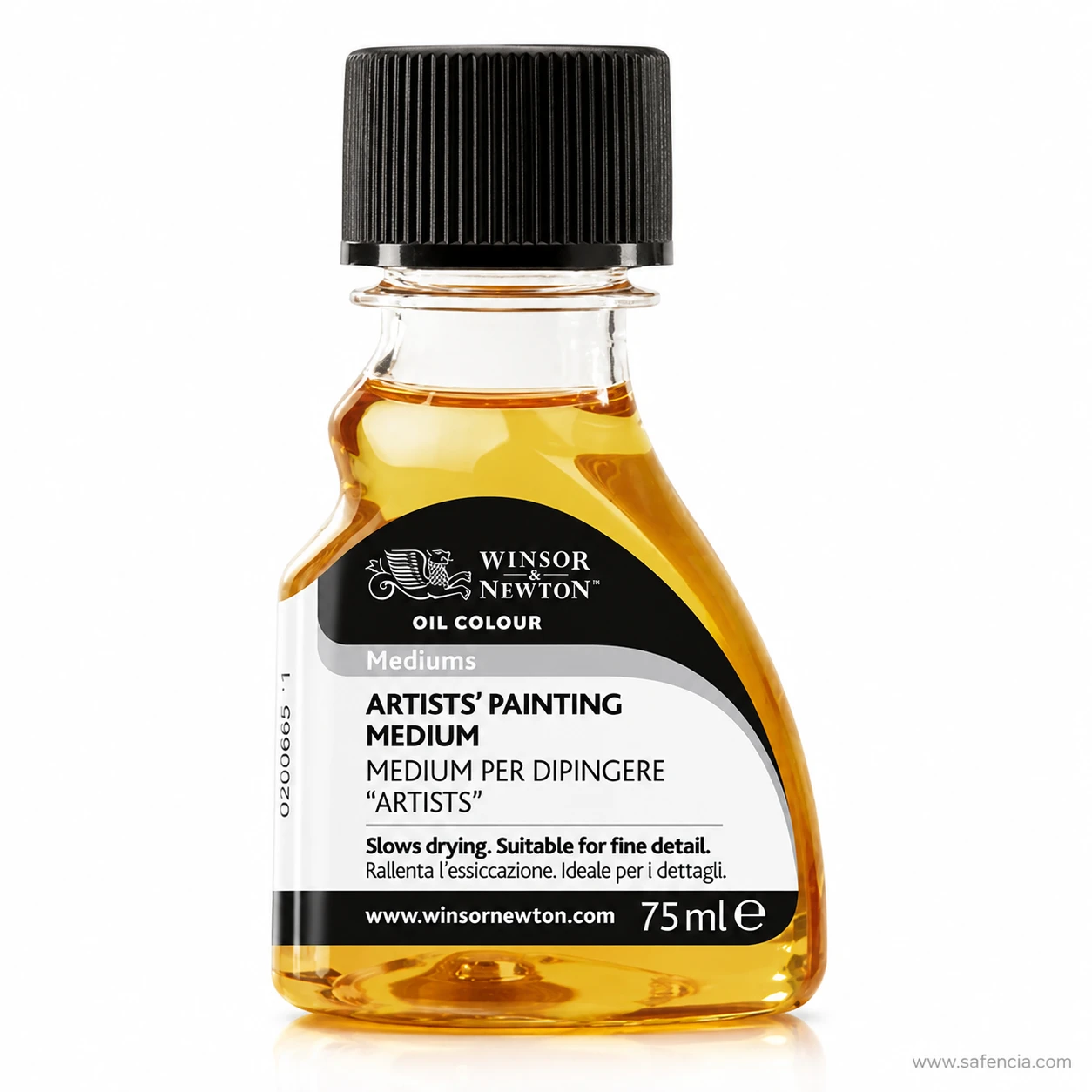 Close view of the label reading slows drying and suitable for fine detail
