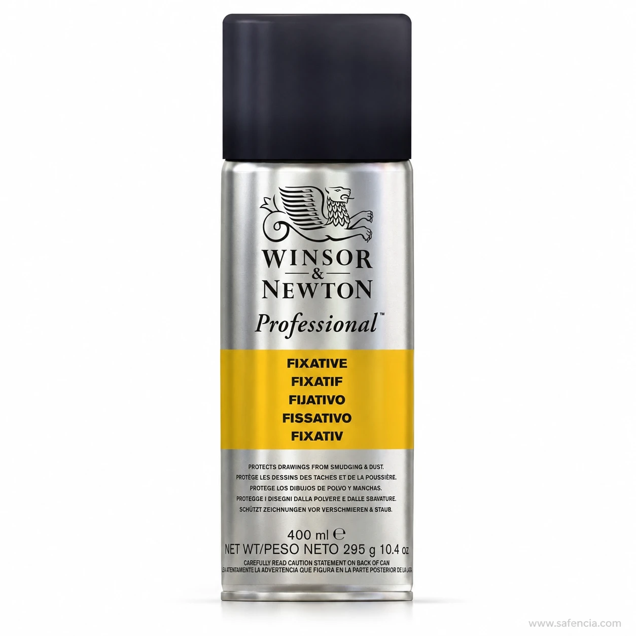 Front of the 400 ml Winsor & Newton fixative can showing the yellow band