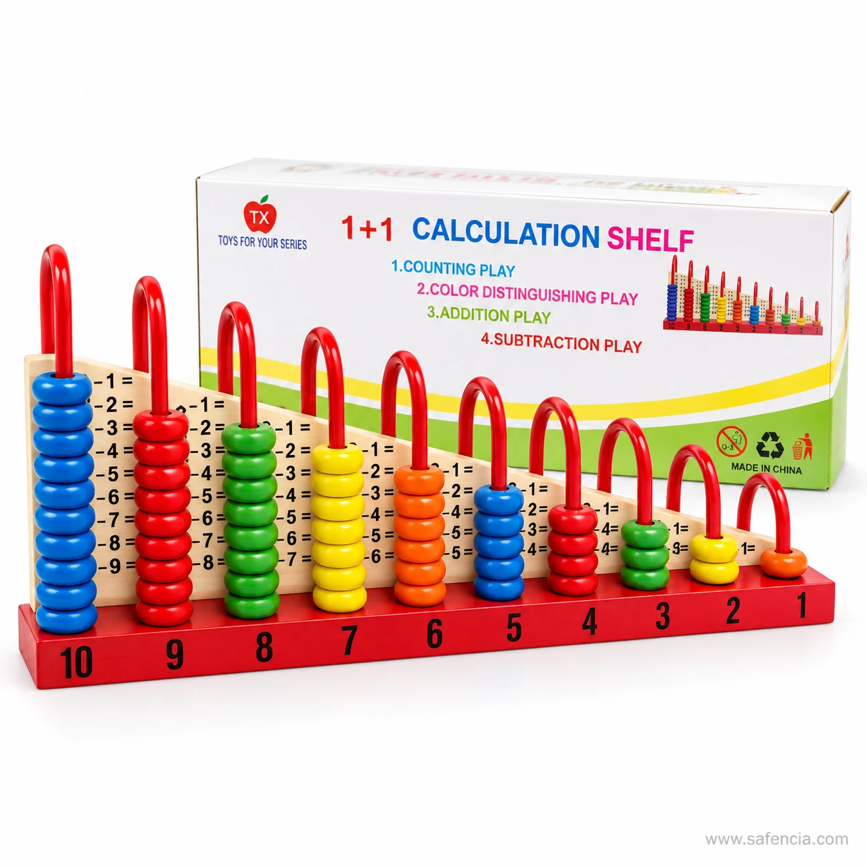 Calculation shelf bead rods in blue, red, green and yellow in front of the printed wooden sums panel