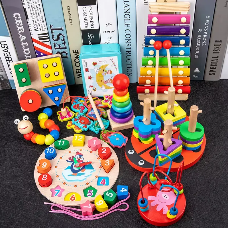 Wooden number and shape clock toy for kids learning