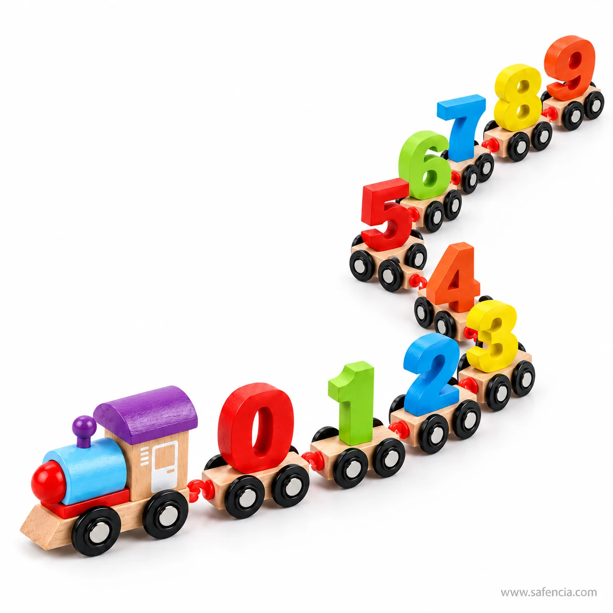 Wooden counting train laid out in a zigzag with the numbers 0 to 9 climbing away from the engine